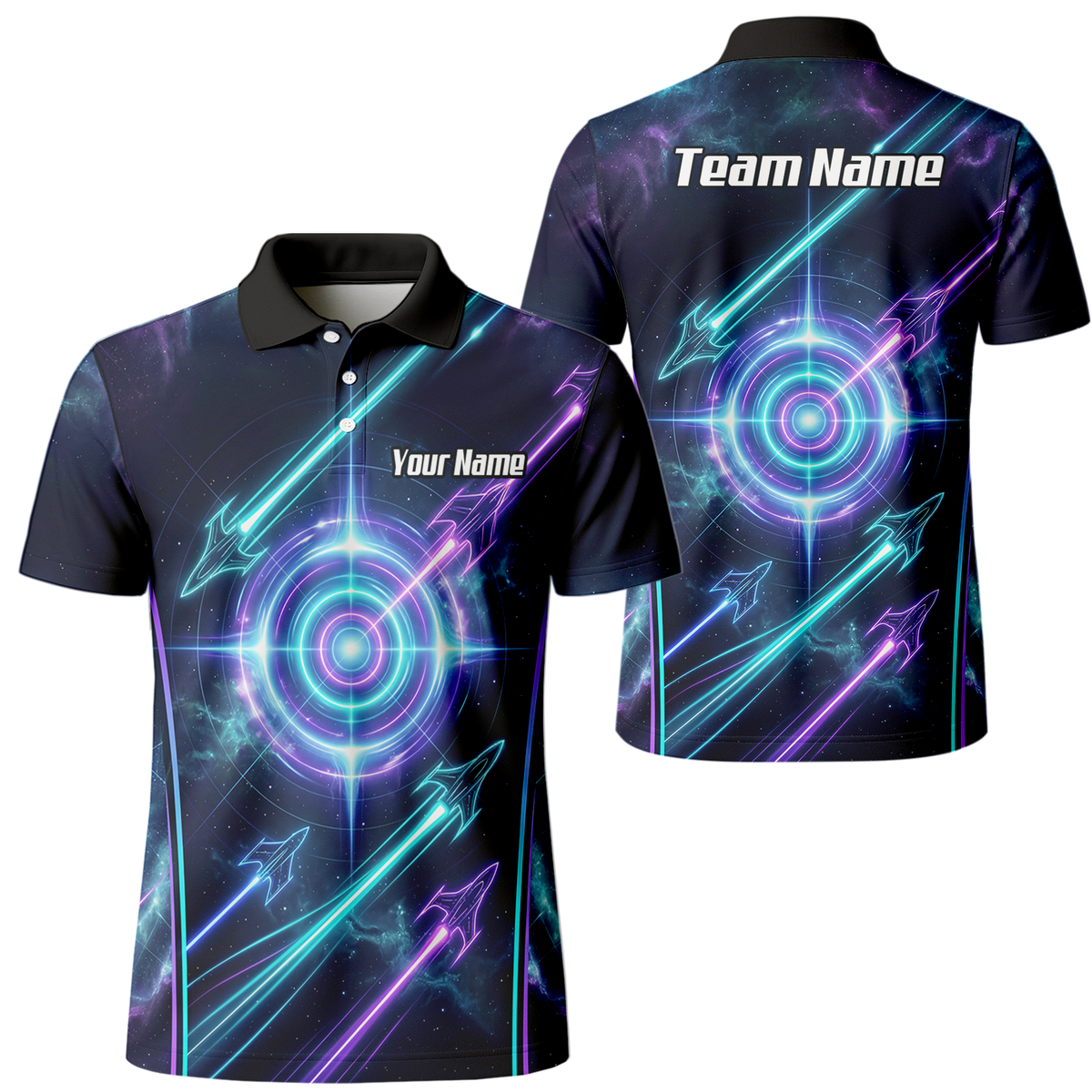 Personalised Men's Dart Jersey Custom Name Galaxy Space Neon Target Polo Shirt Purple Teal J7924