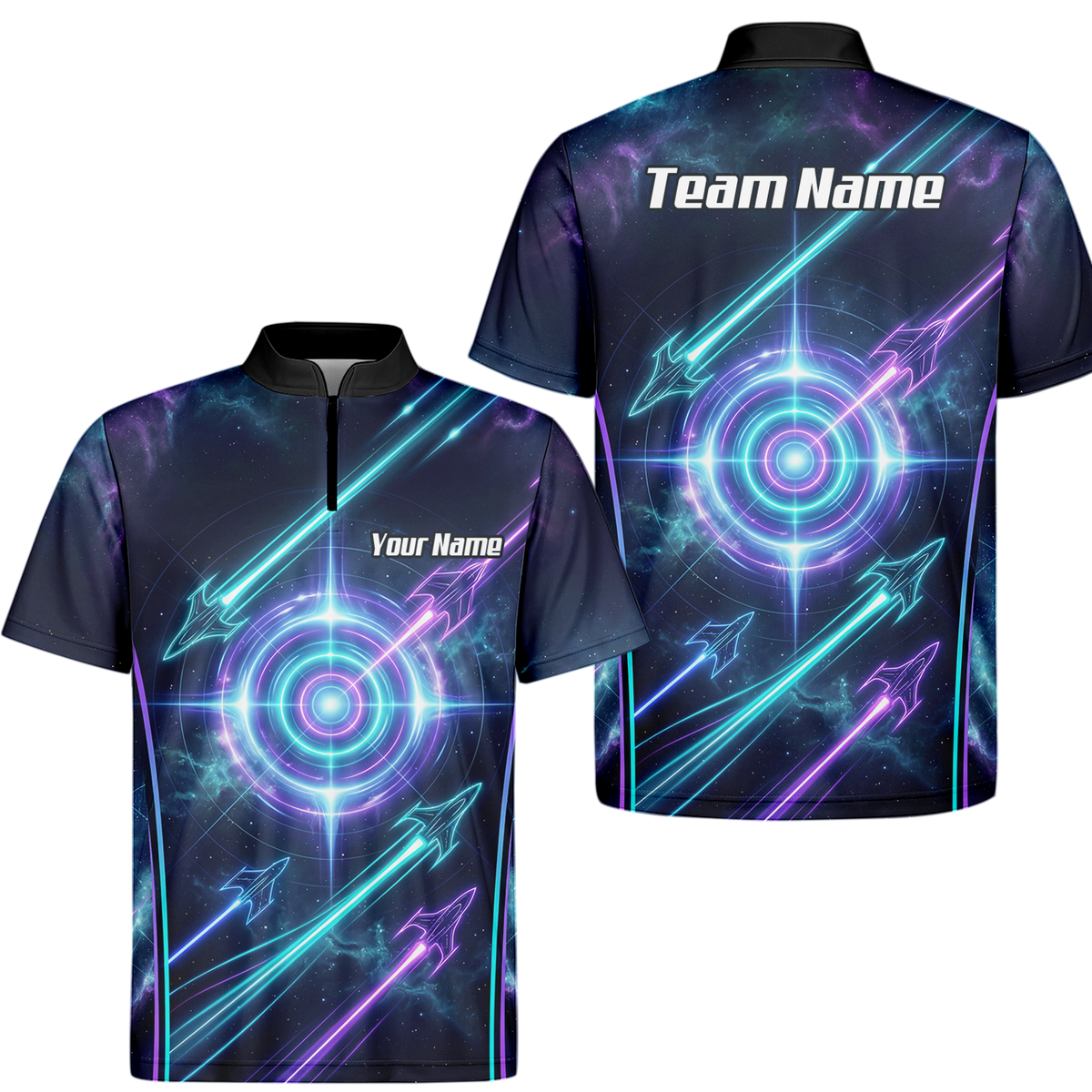 Personalised Men's Dart Jersey Custom Name Galaxy Space Neon Target Polo Shirt Purple Teal J7924