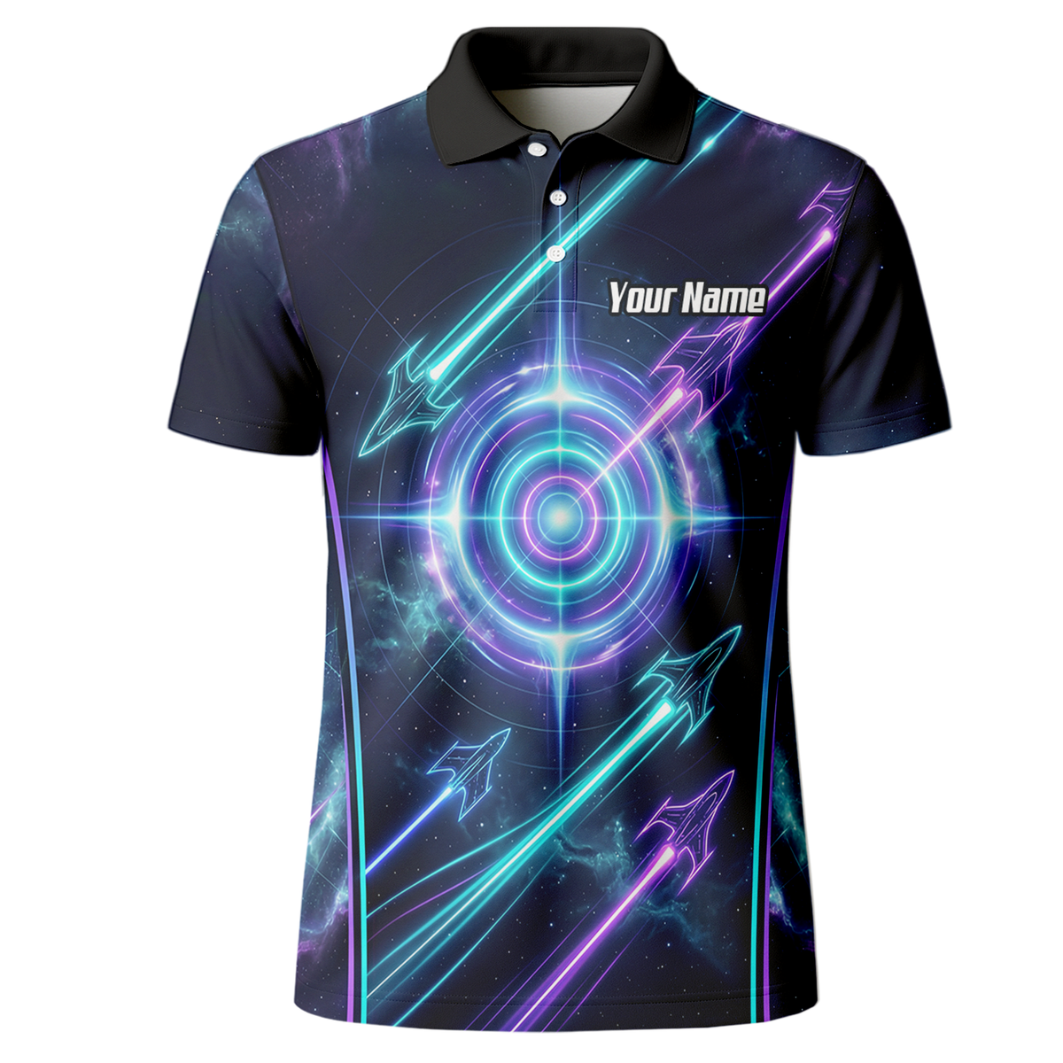 Personalised Men's Dart Jersey Custom Name Galaxy Space Neon Target Polo Shirt Purple Teal J7924