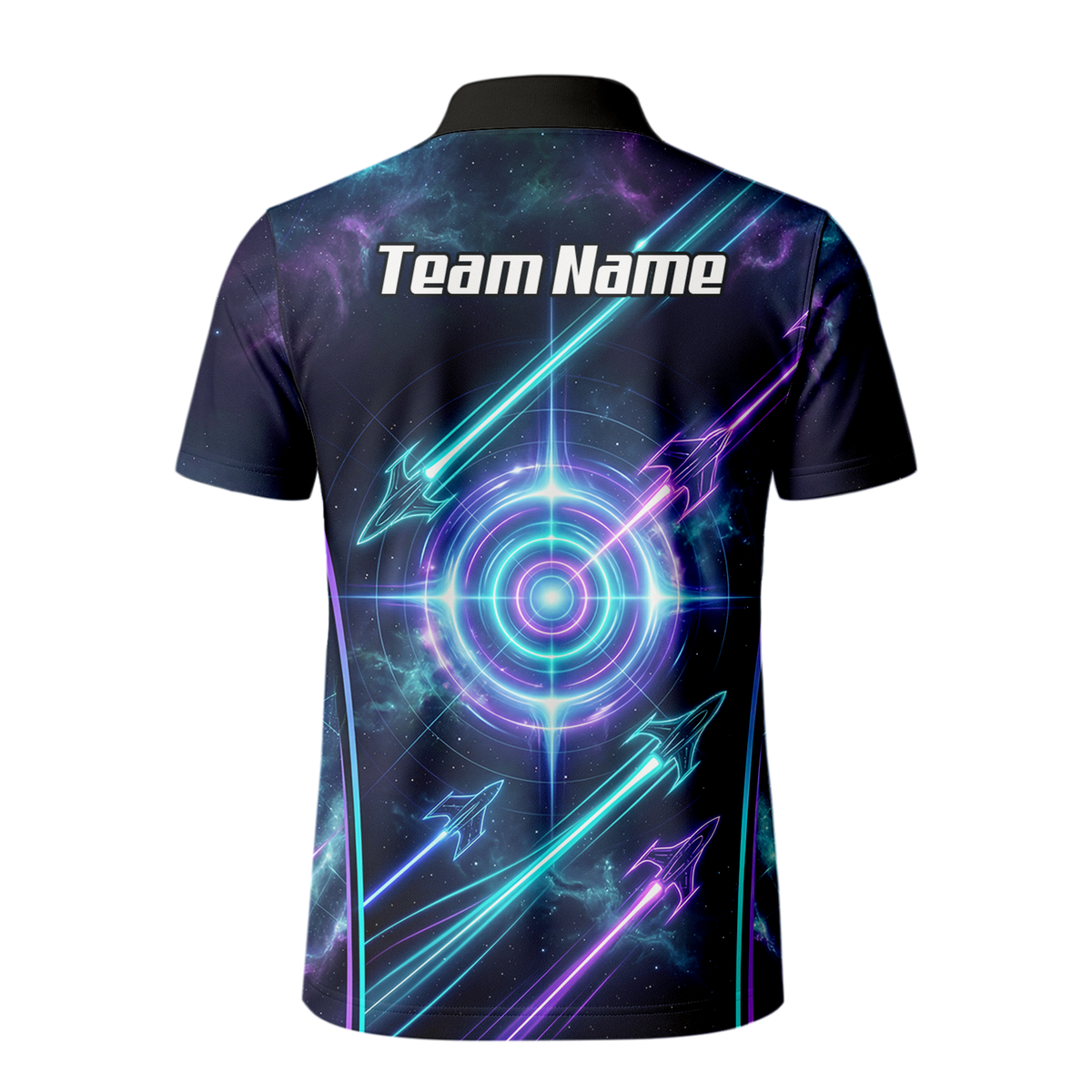 Personalised Men's Dart Jersey Custom Name Galaxy Space Neon Target Polo Shirt Purple Teal J7924