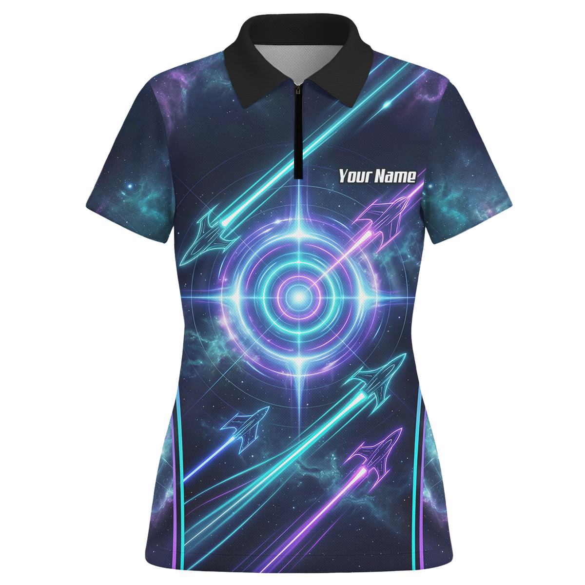 Personalised Women's Dart Jersey Custom Name Galaxy Space Neon Target Polo Shirt Purple Teal J7924