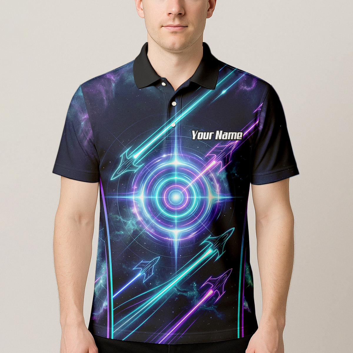 Personalised Men's Dart Jersey Custom Name Galaxy Space Neon Target Polo Shirt Purple Teal J7924