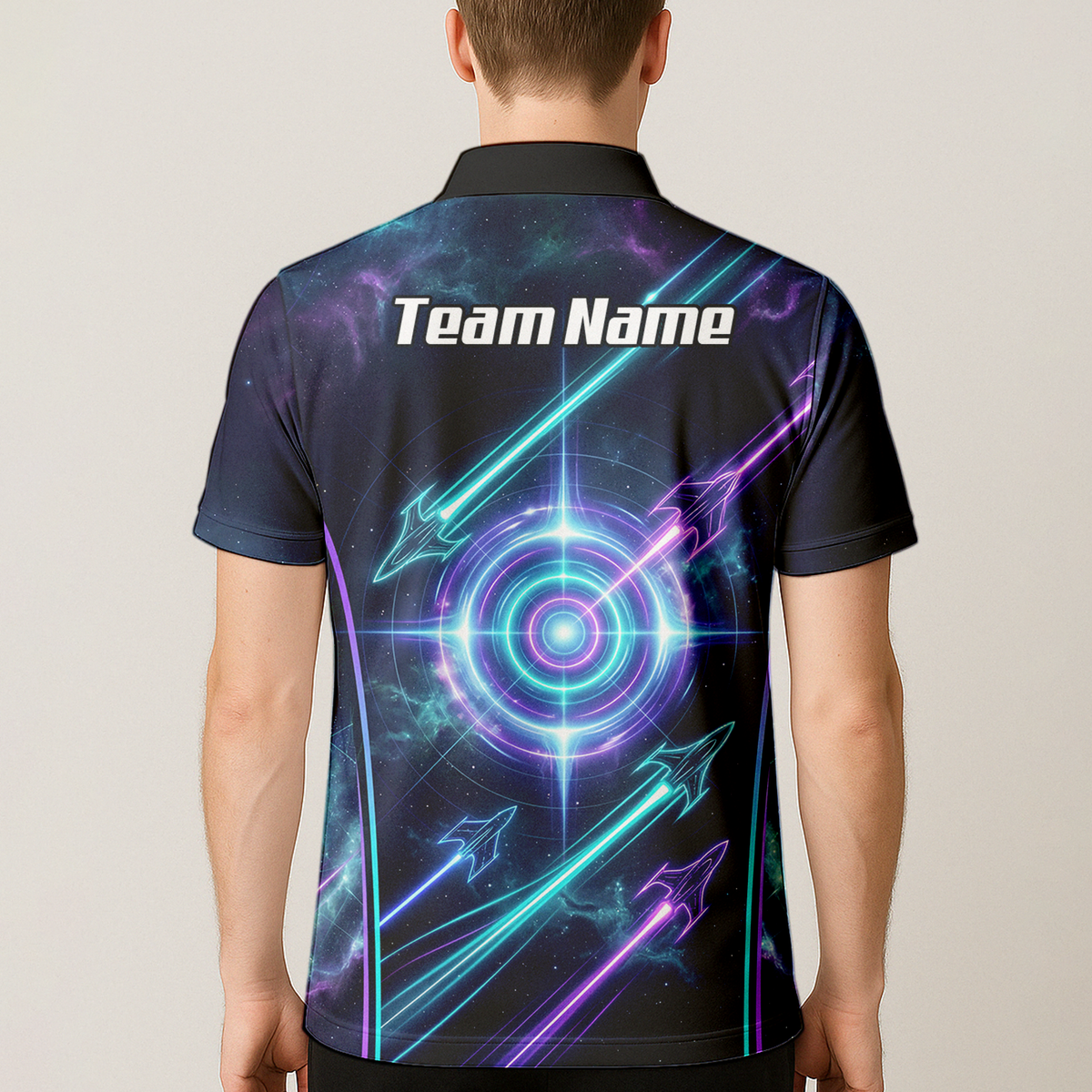 Personalised Men's Dart Jersey Custom Name Galaxy Space Neon Target Polo Shirt Purple Teal J7924