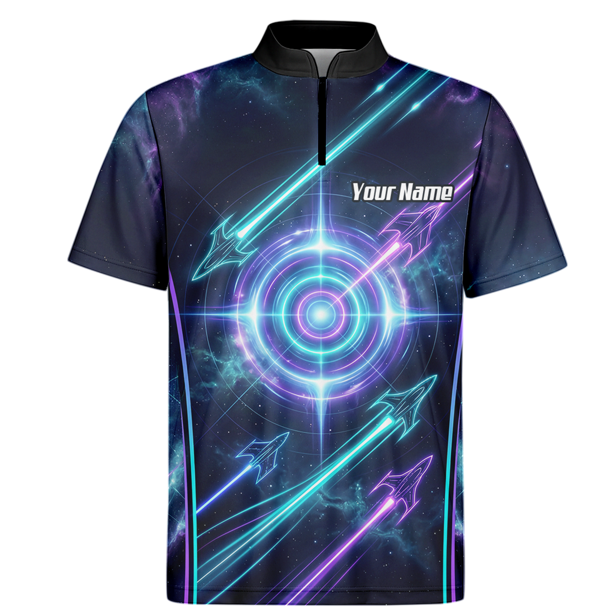 Personalised Men's Dart Jersey Custom Name Galaxy Space Neon Target Polo Shirt Purple Teal J7924