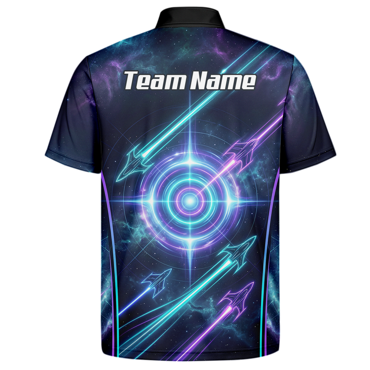 Personalised Men's Dart Jersey Custom Name Galaxy Space Neon Target Polo Shirt Purple Teal J7924