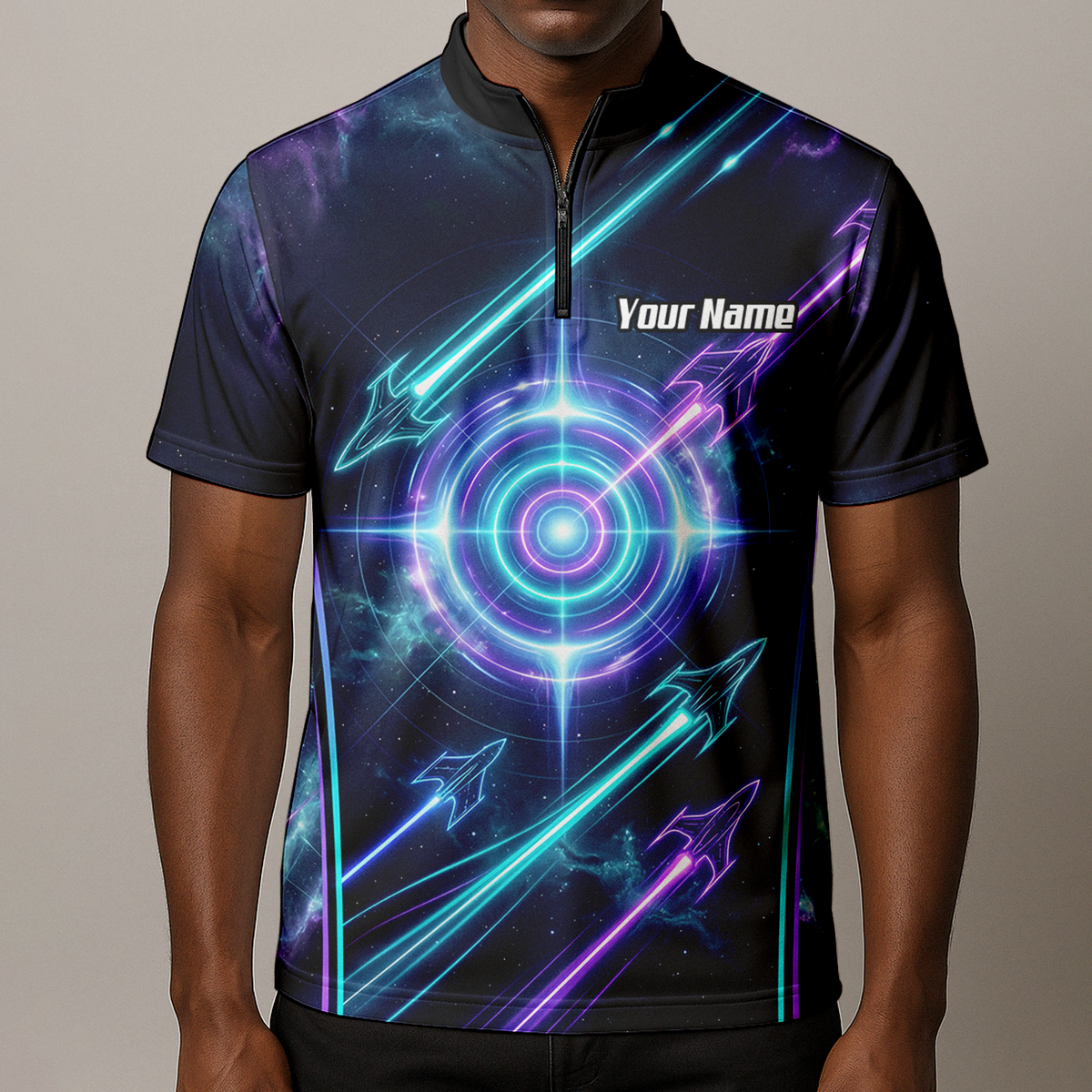 Personalised Men's Dart Jersey Custom Name Galaxy Space Neon Target Polo Shirt Purple Teal J7924