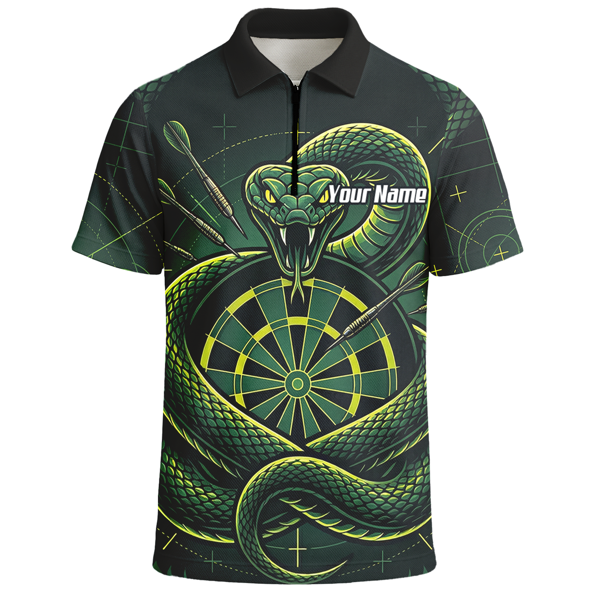 Personalised Green Snake Dart Jersey for Men Custom Dartboard Polo Shirt Black Green J9840