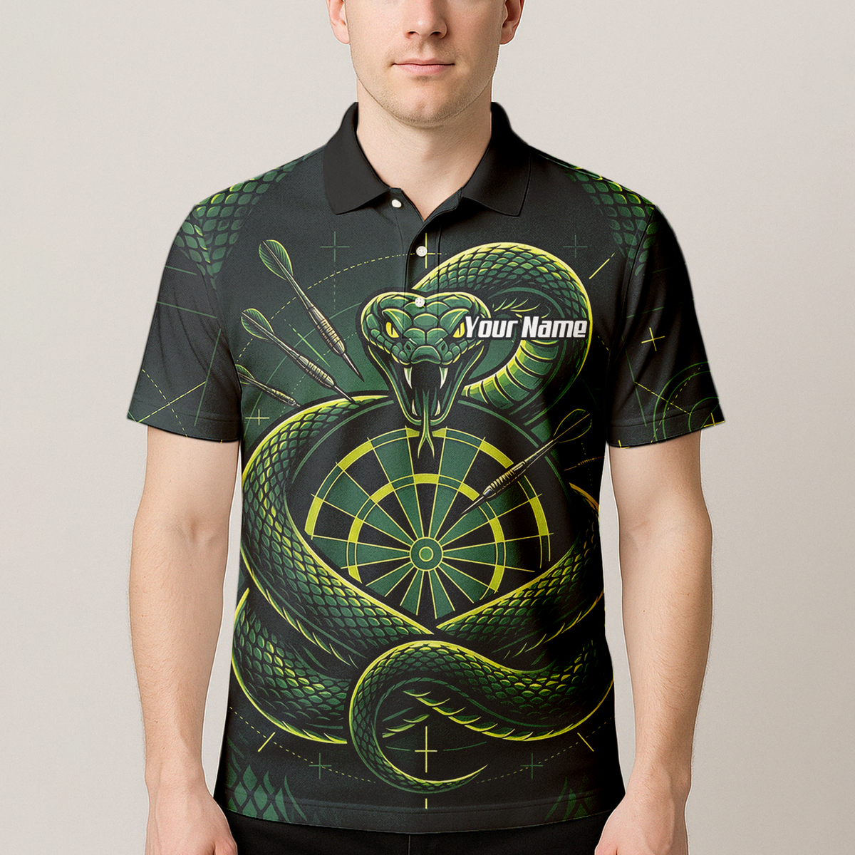Personalised Green Snake Dart Jersey for Men Custom Dartboard Polo Shirt Black Green J9840