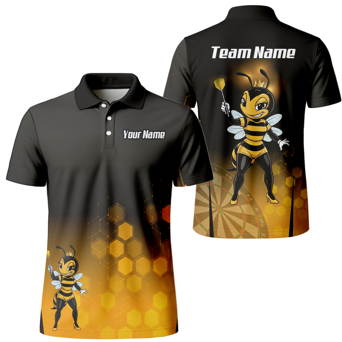 Personalised Queen Bee Honeycomb Dart Jersey Polo and Zipper Black Gold For Men K0774 - Polo Yes