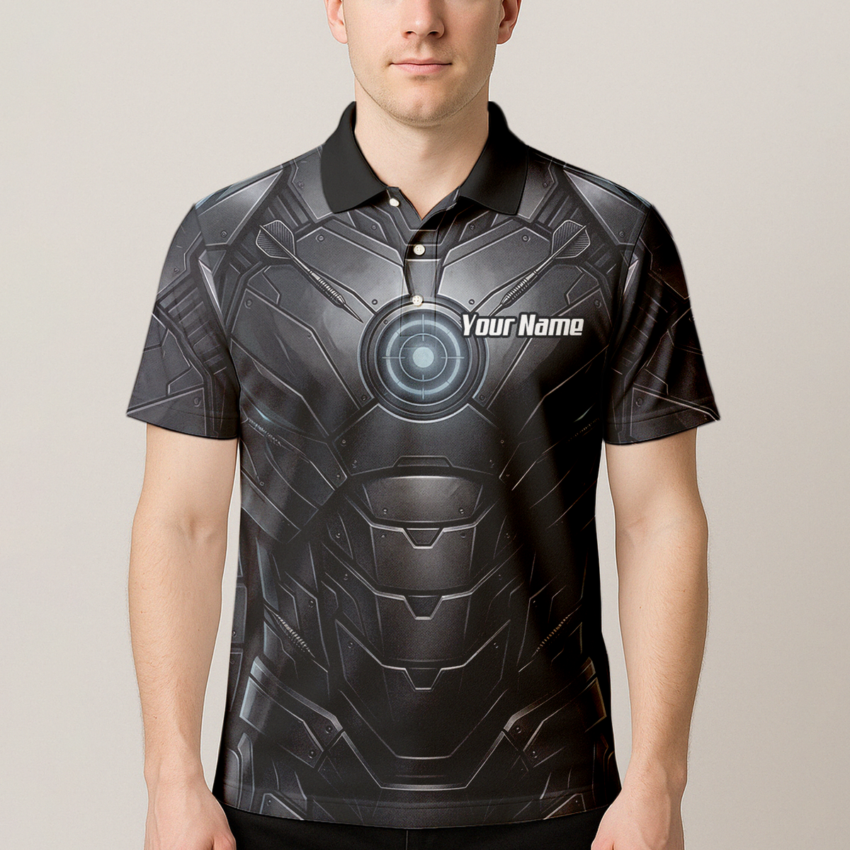 Personalised Men's Dart Jersey Custom Robotic Armor Mecha Polo Shirt Black Grey K1040