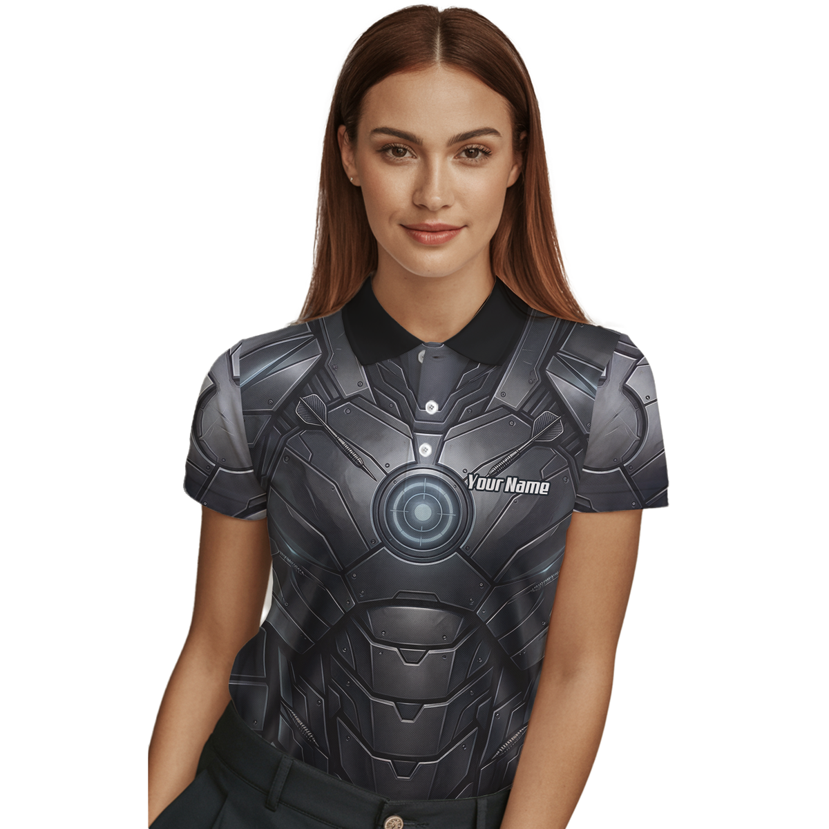 Personalised Women's Dart Jersey Custom Robotic Armor Mecha Polo Shirt Black Grey K1040
