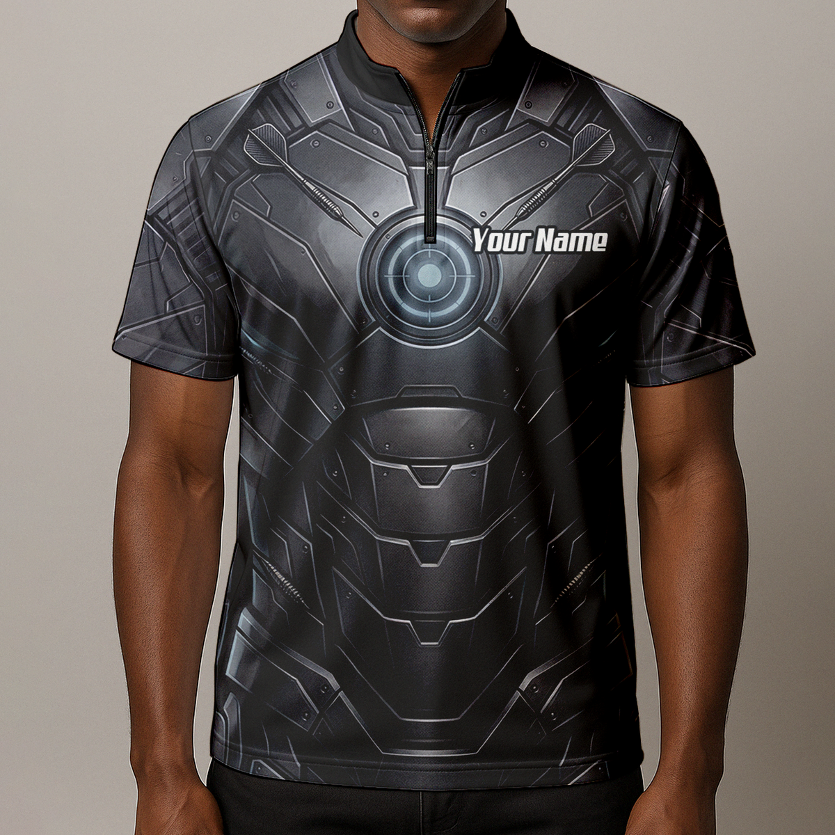 Personalised Men's Dart Jersey Custom Robotic Armor Mecha Polo Shirt Black Grey K1040