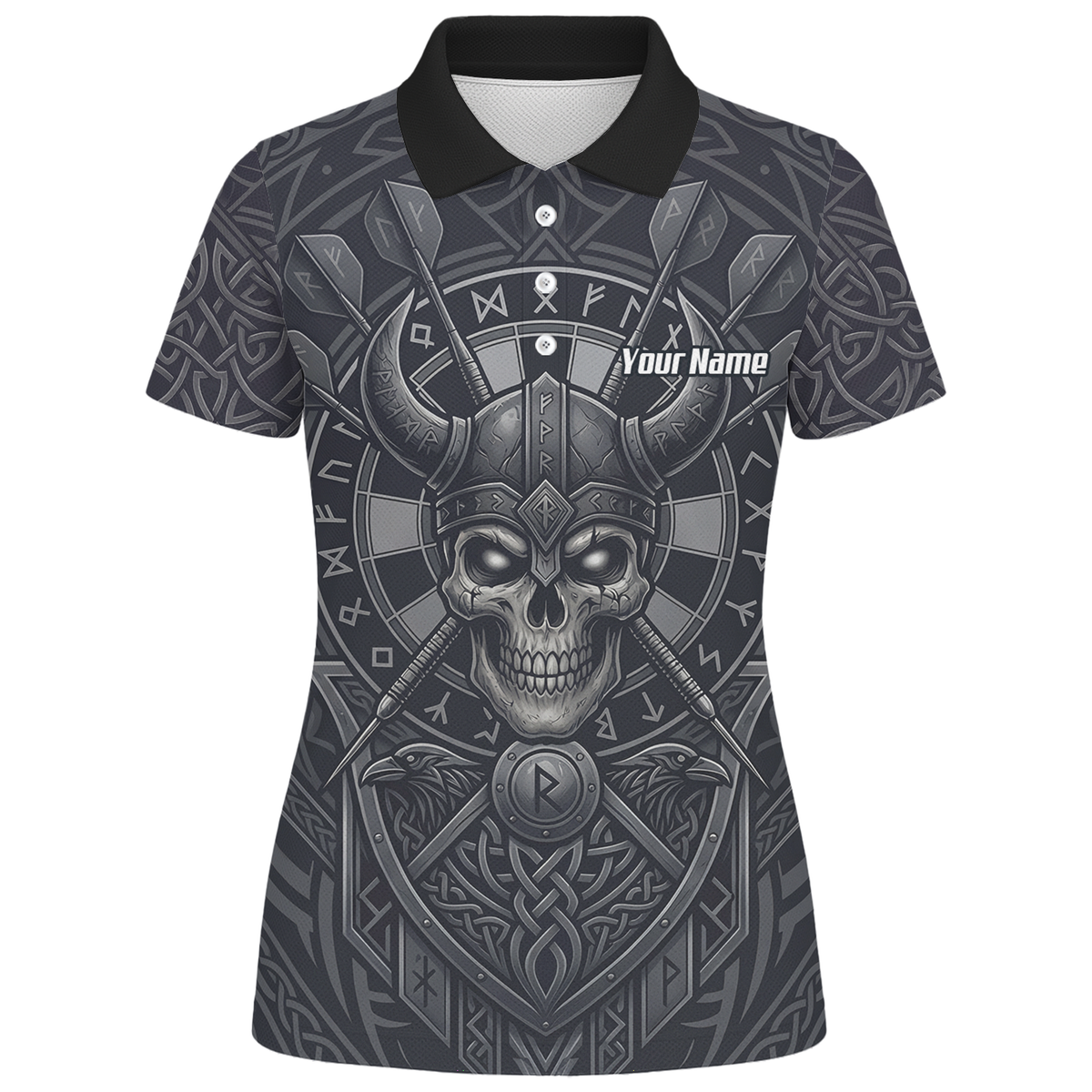 Personalised Viking Warrior Skull Dart Jersey for Women Custom Grey Nordic Rune Polo Shirt K6994