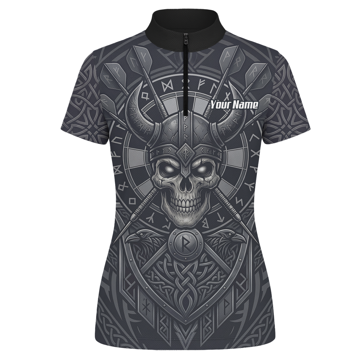 Personalised Viking Warrior Skull Dart Jersey for Women Custom Grey Nordic Rune Polo Shirt K6994