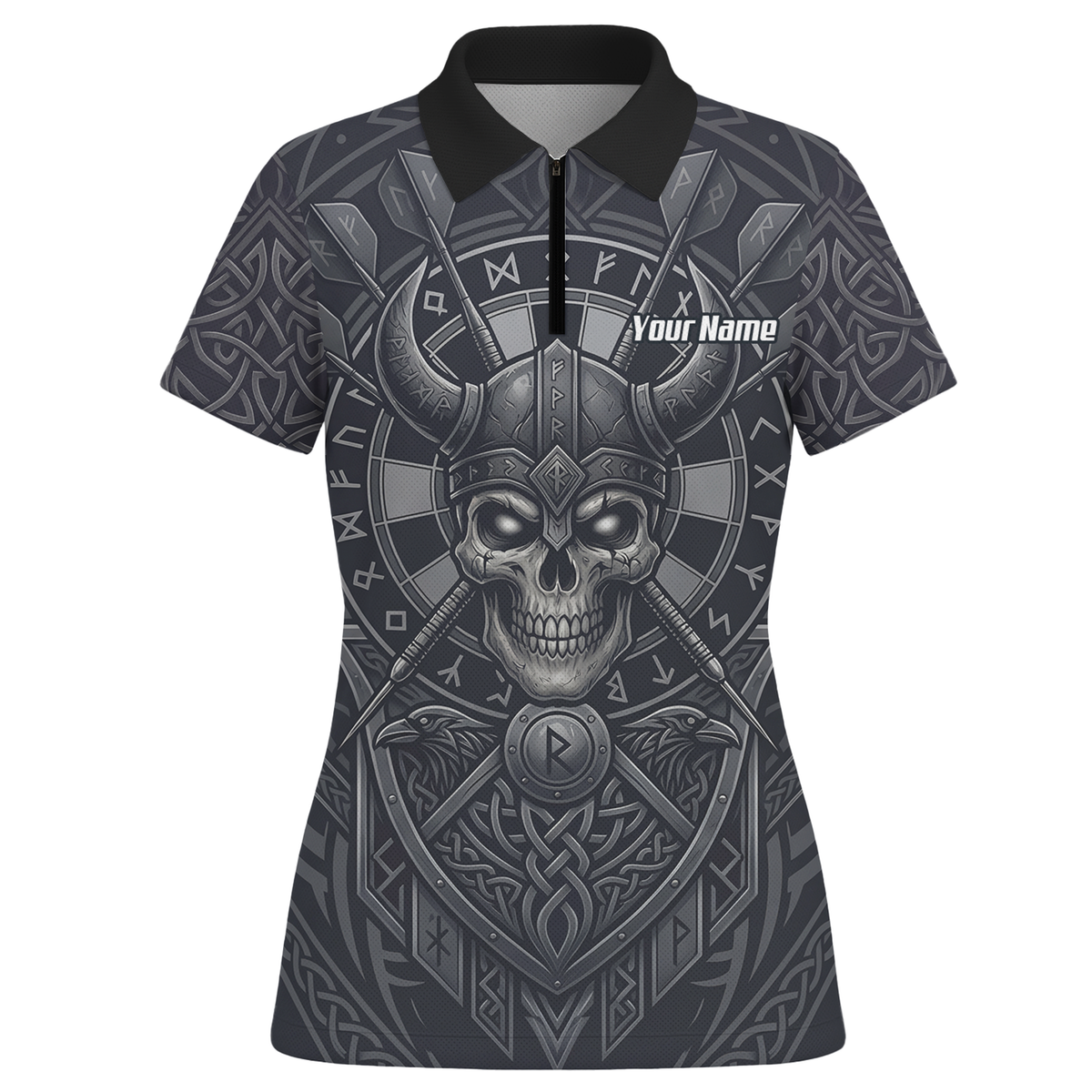 Personalised Viking Warrior Skull Dart Jersey for Women Custom Grey Nordic Rune Polo Shirt K6994