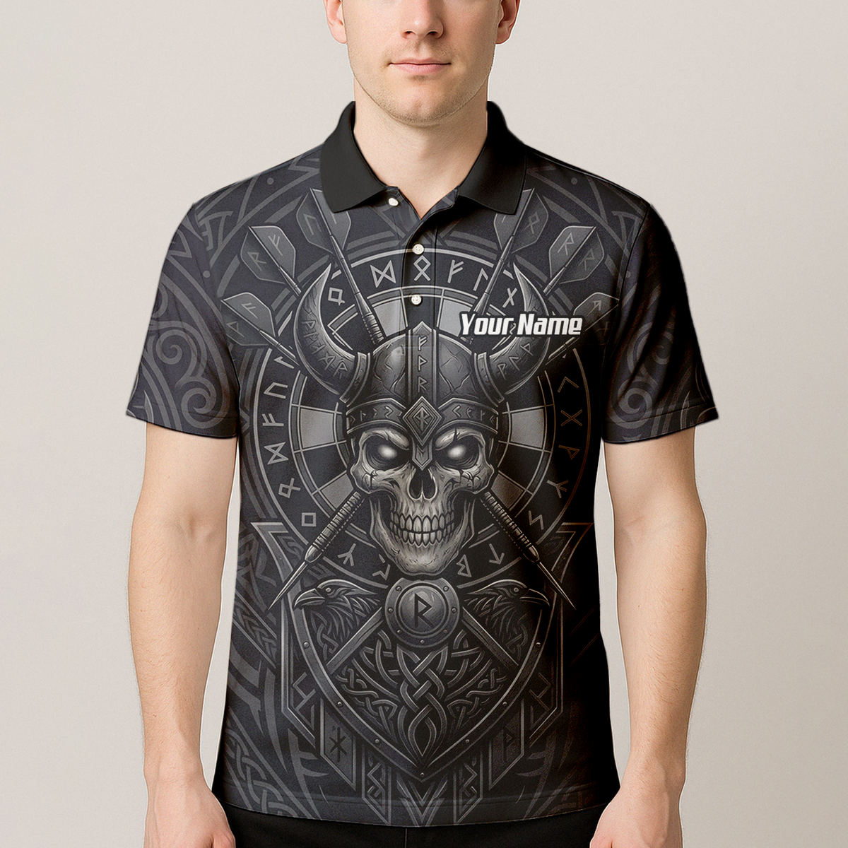 Personalised Viking Warrior Skull Dart Jersey for Men Custom Grey Nordic Rune Polo Shirt K6994