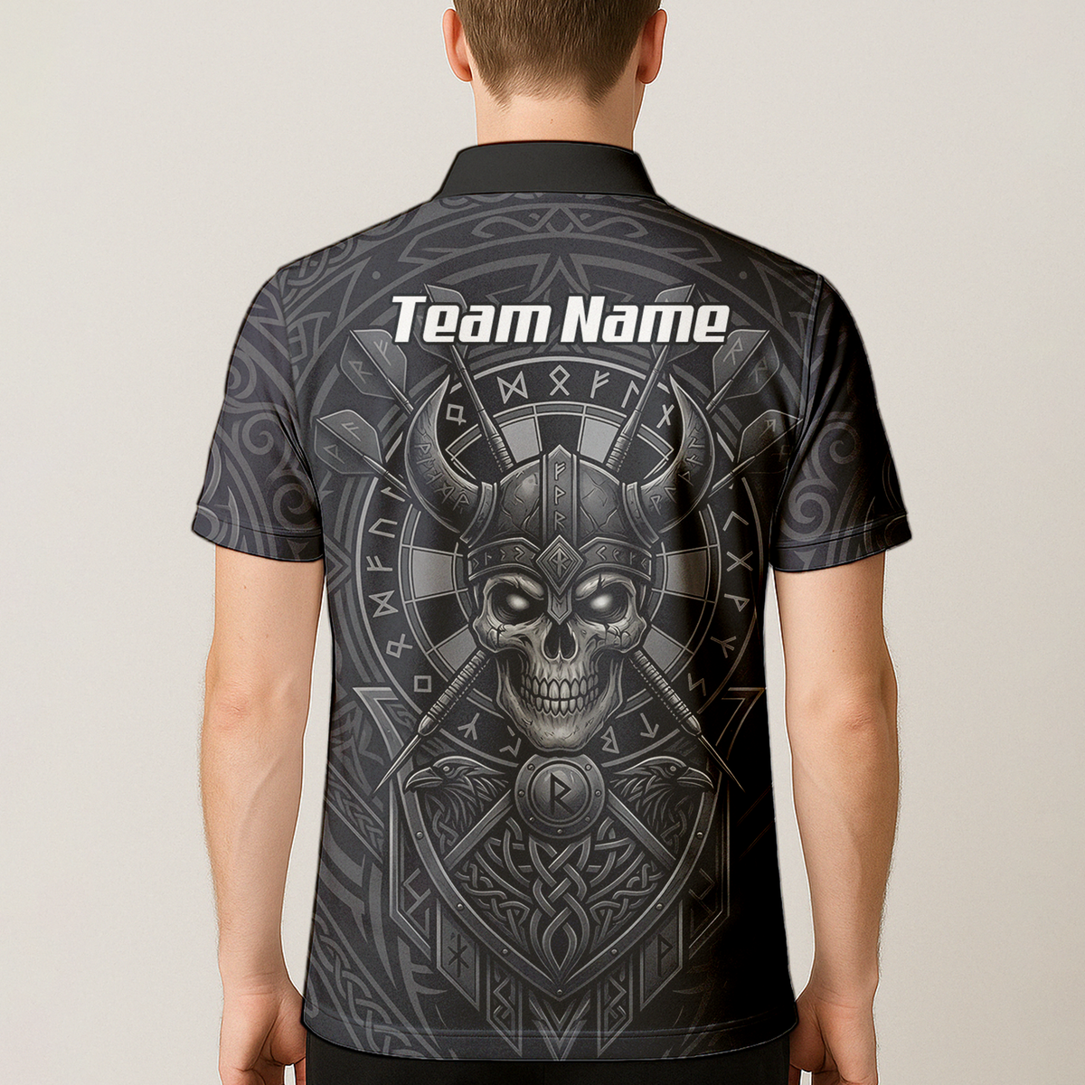 Personalised Viking Warrior Skull Dart Jersey for Men Custom Grey Nordic Rune Polo Shirt K6994