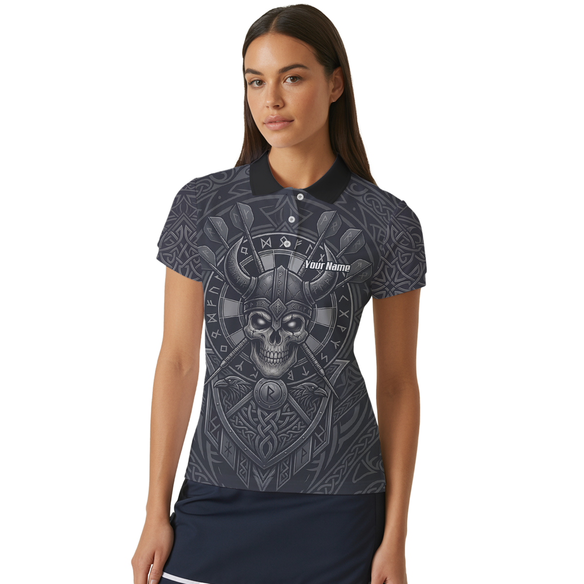 Personalised Viking Warrior Skull Dart Jersey for Women Custom Grey Nordic Rune Polo Shirt K6994