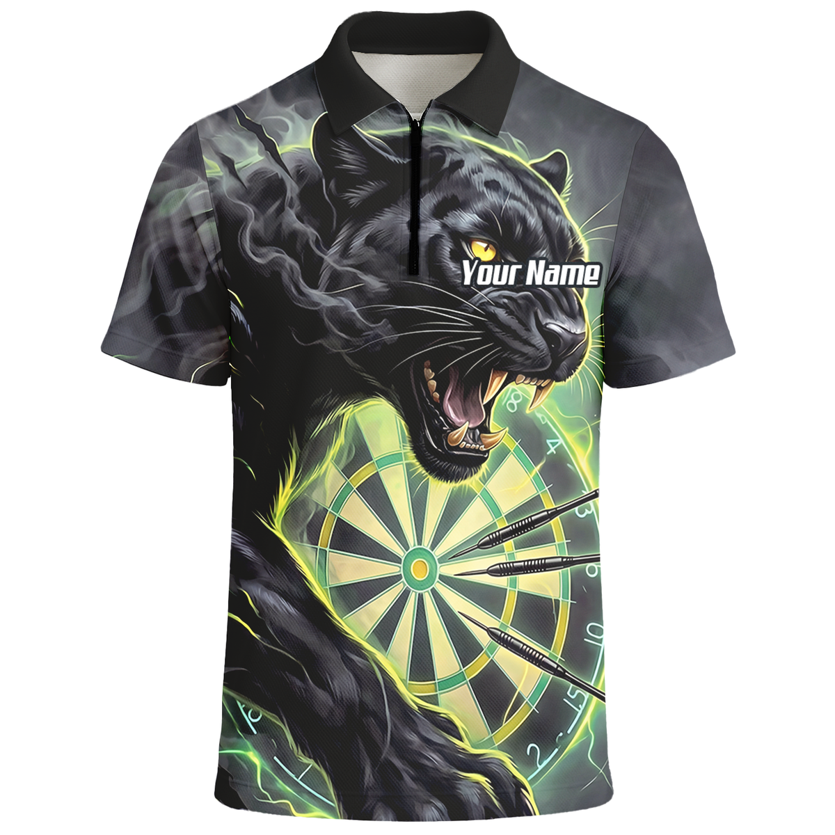 Personalised Black Panther Dart Jersey for Men Custom Neon Green Dartboard Polo Shirt K7905