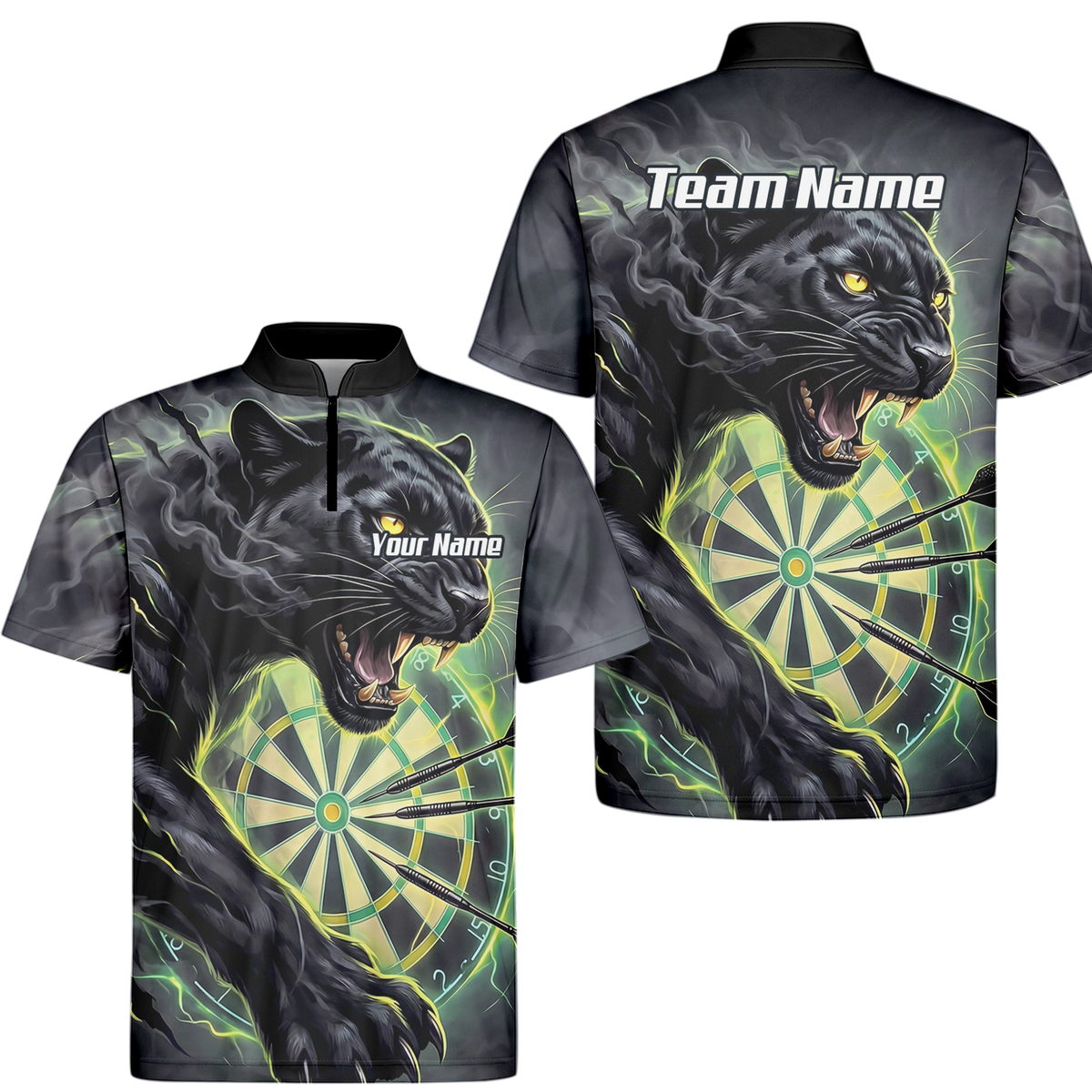 Personalised Black Panther Dart Jersey for Men Custom Neon Green Dartboard Polo Shirt K7905