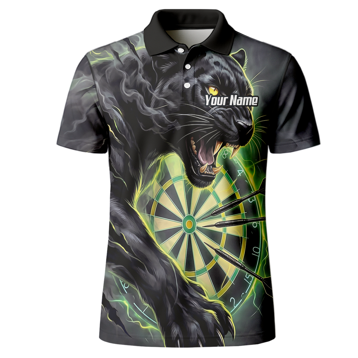 Personalised Black Panther Dart Jersey for Men Custom Neon Green Dartboard Polo Shirt K7905