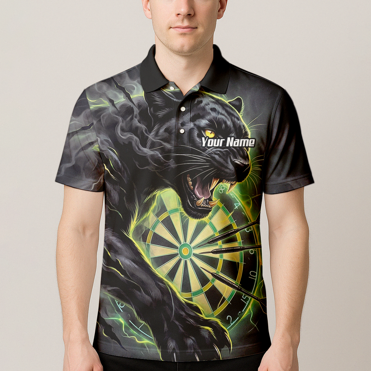 Personalised Black Panther Dart Jersey for Men Custom Neon Green Dartboard Polo Shirt K7905