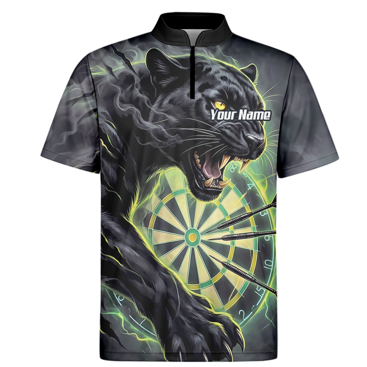 Personalised Black Panther Dart Jersey for Men Custom Neon Green Dartboard Polo Shirt K7905