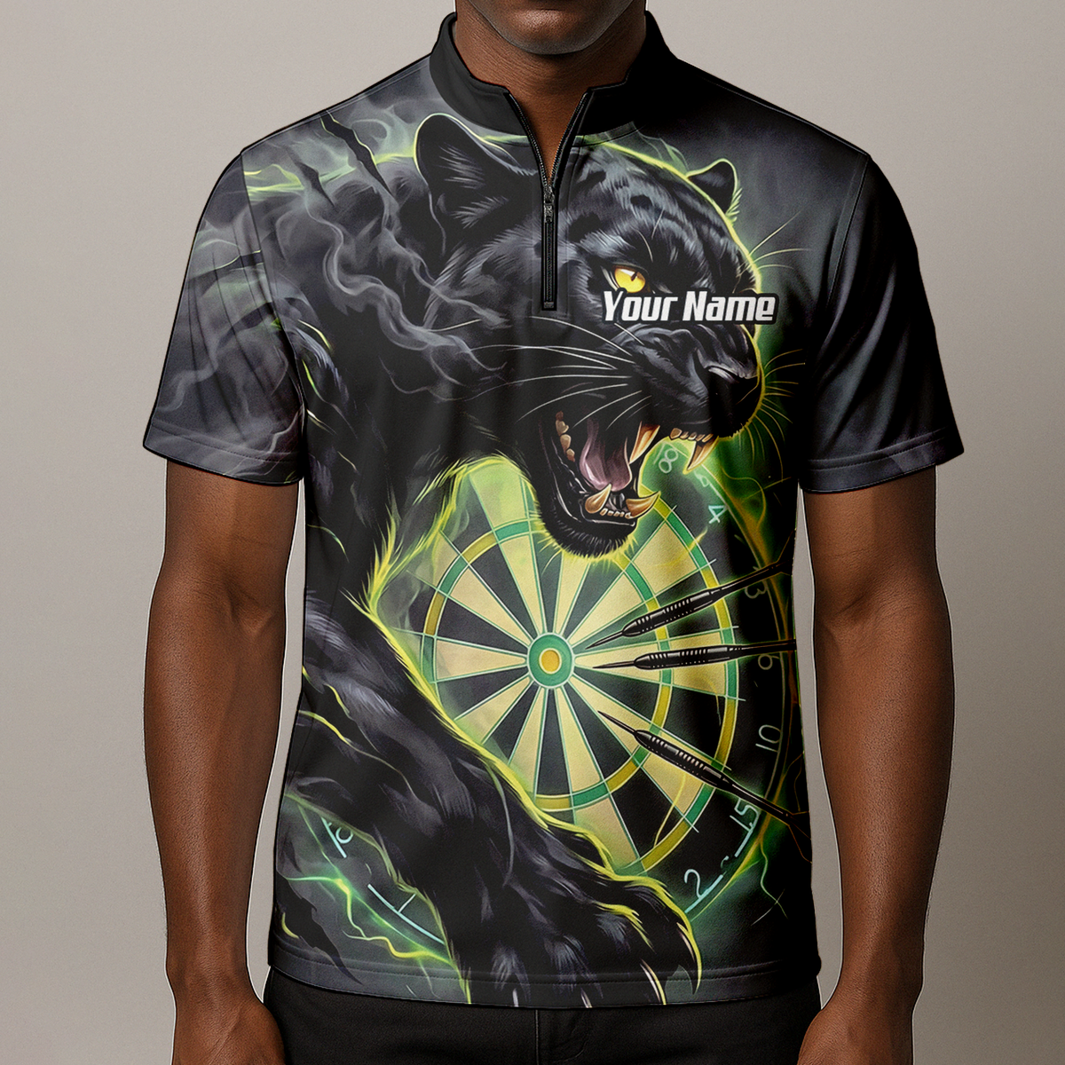 Personalised Black Panther Dart Jersey for Men Custom Neon Green Dartboard Polo Shirt K7905