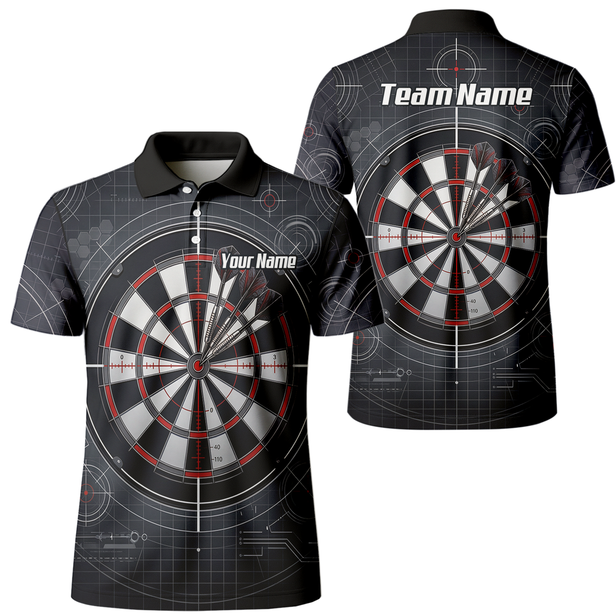 Personalised Dart Jersey for Men Custom Dartboard Graphic Polo Shirt Black Red Technical Design K9046
