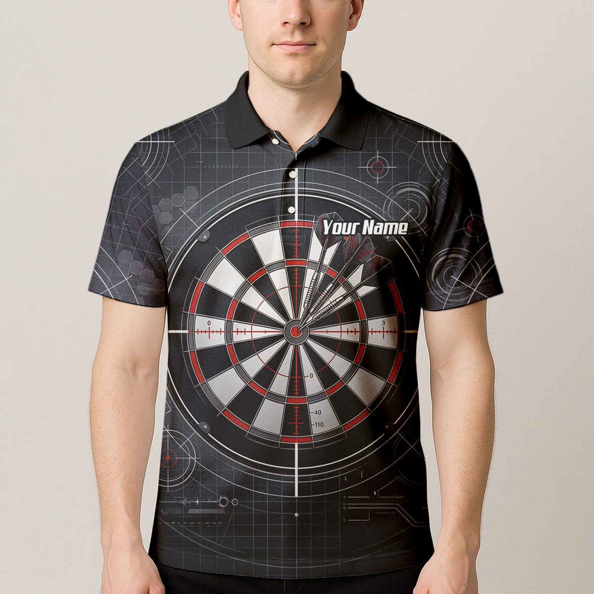 Personalised Dart Jersey for Men Custom Dartboard Graphic Polo Shirt Black Red Technical Design K9046