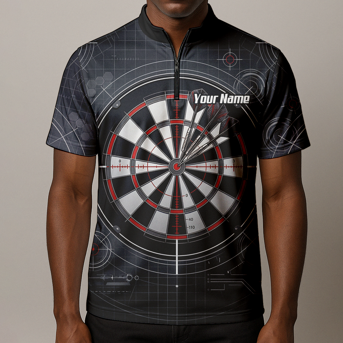 Personalised Dart Jersey for Men Custom Dartboard Graphic Polo Shirt Black Red Technical Design K9046