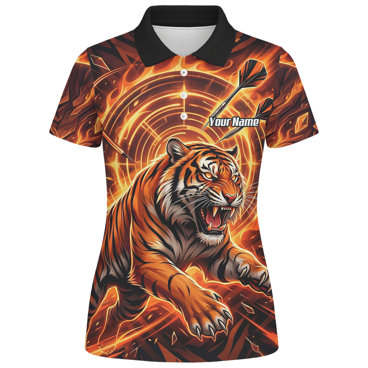 Personalised Women's Tiger Fire Dart Jersey Custom Name Team Polo Shirt Orange Black L1425