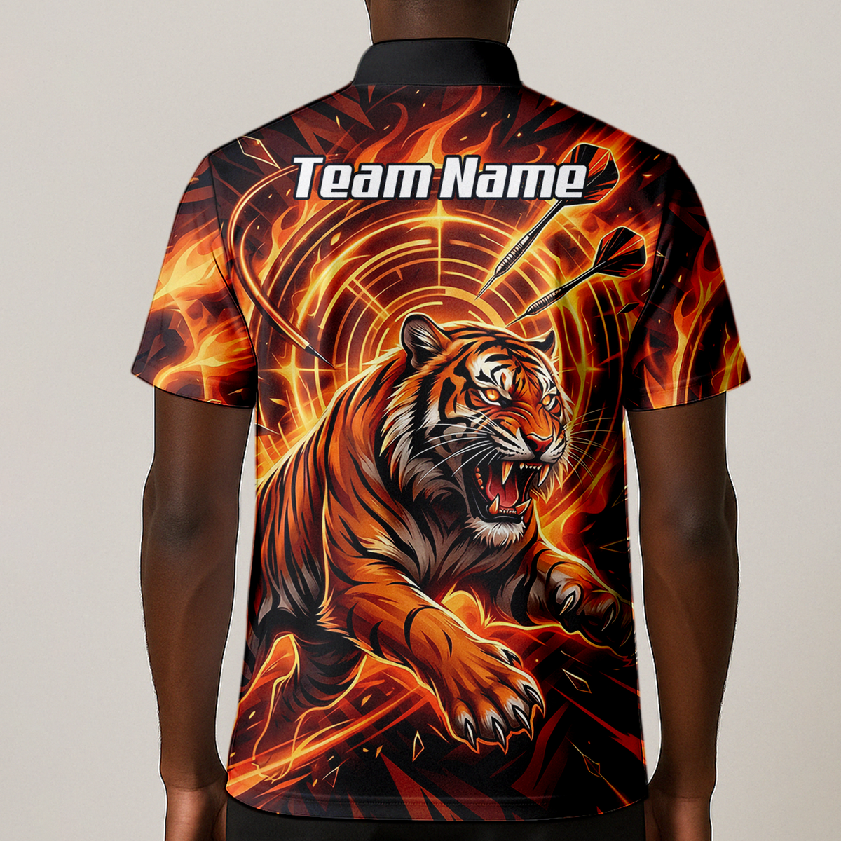 Personalised Men's Tiger Fire Dart Jersey Custom Name Team Polo Shirt Orange Black L1425