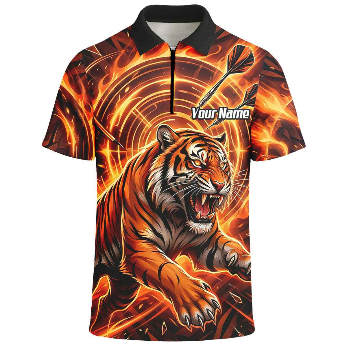 Personalised Men's Tiger Fire Dart Jersey Custom Name Team Polo Shirt Orange Black L1425