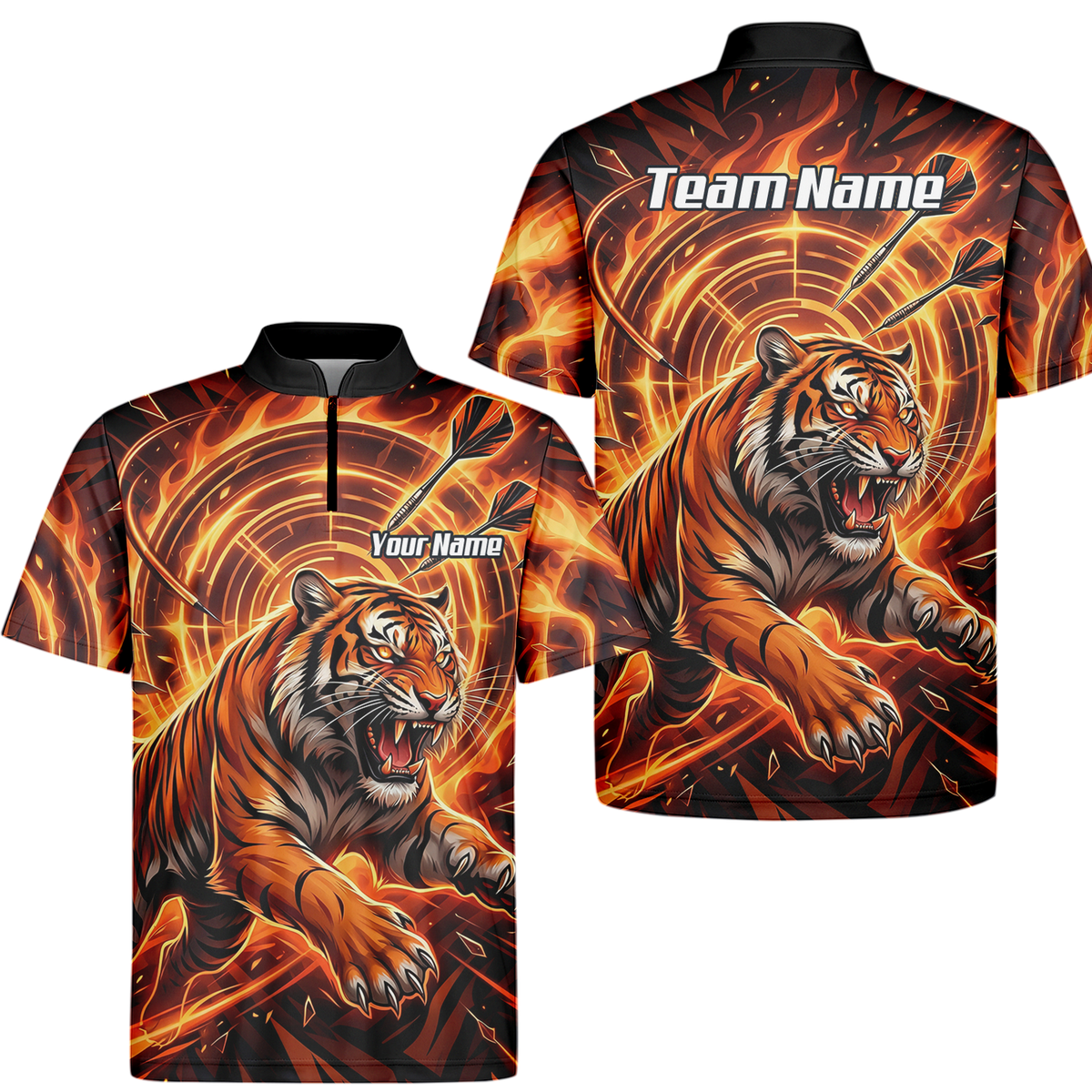 Personalised Men's Tiger Fire Dart Jersey Custom Name Team Polo Shirt Orange Black L1425