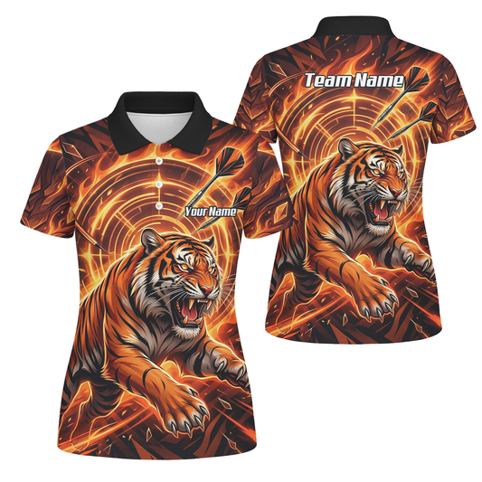 Personalised Women's Tiger Fire Dart Jersey Custom Name Team Polo Shirt Orange Black L1425