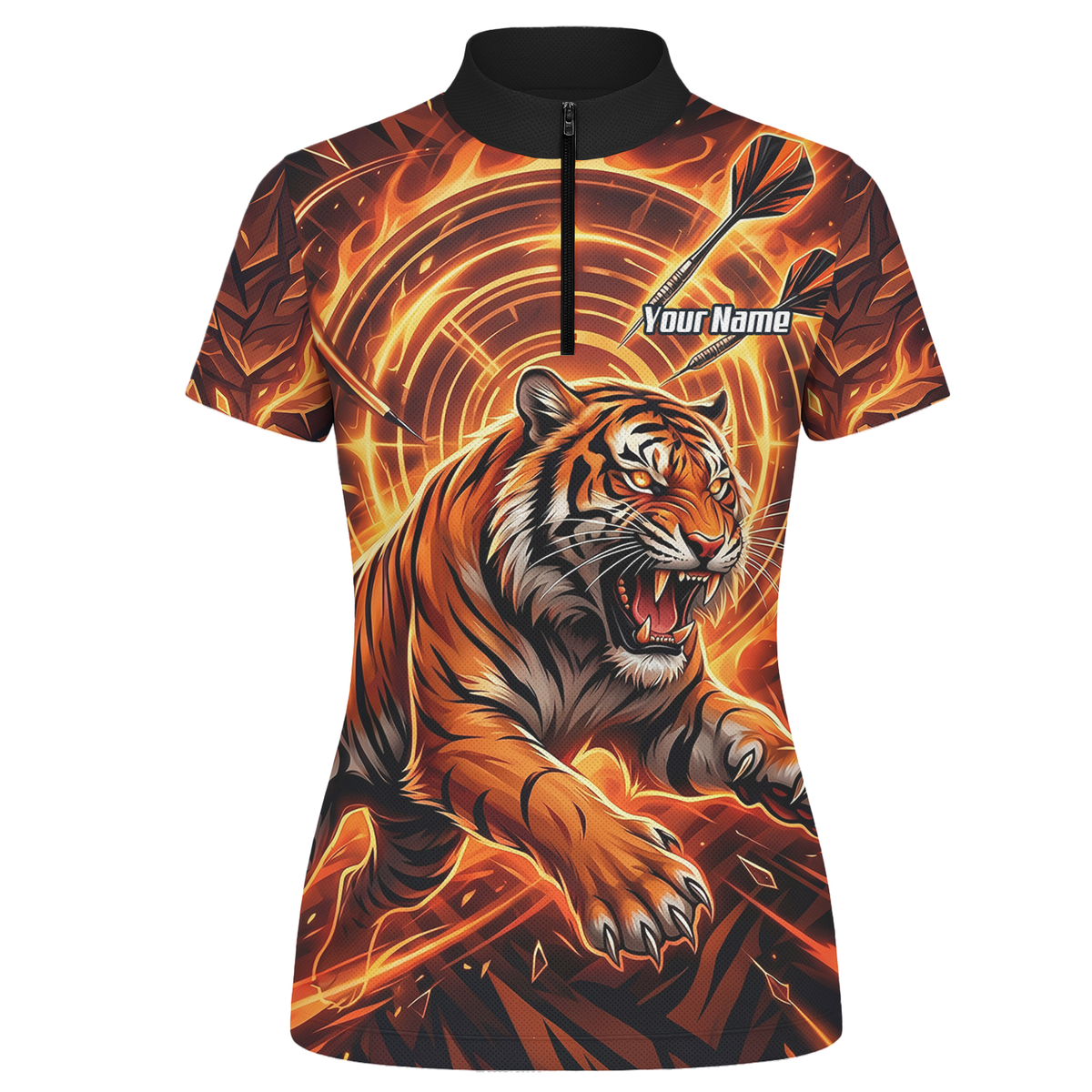Personalised Women's Tiger Fire Dart Jersey Custom Name Team Polo Shirt Orange Black L1425