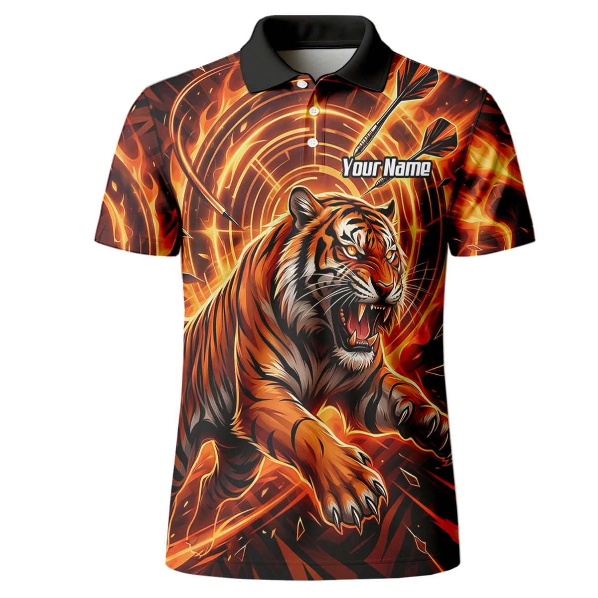 Personalised Men's Tiger Fire Dart Jersey Custom Name Team Polo Shirt Orange Black L1425
