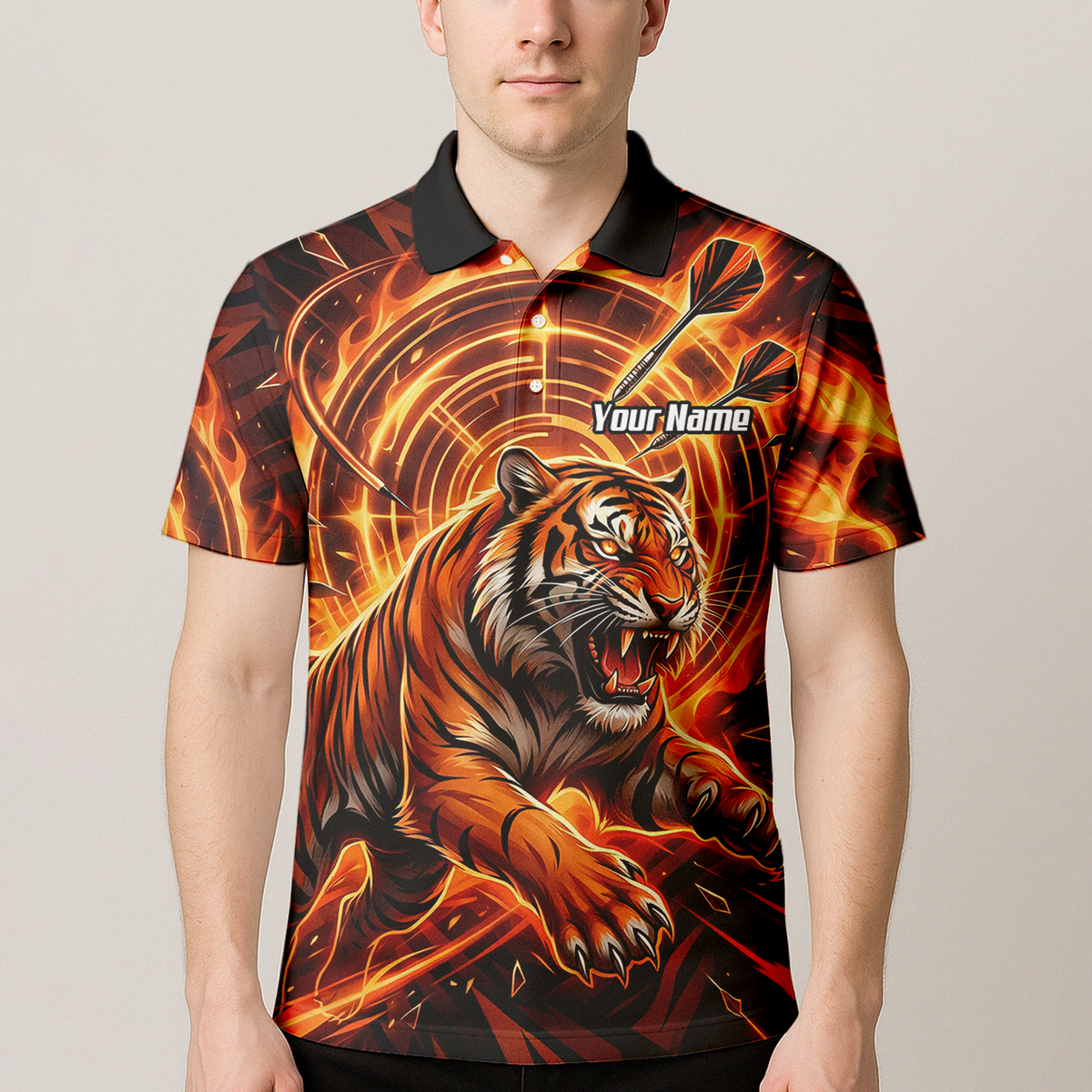Personalised Men's Tiger Fire Dart Jersey Custom Name Team Polo Shirt Orange Black L1425