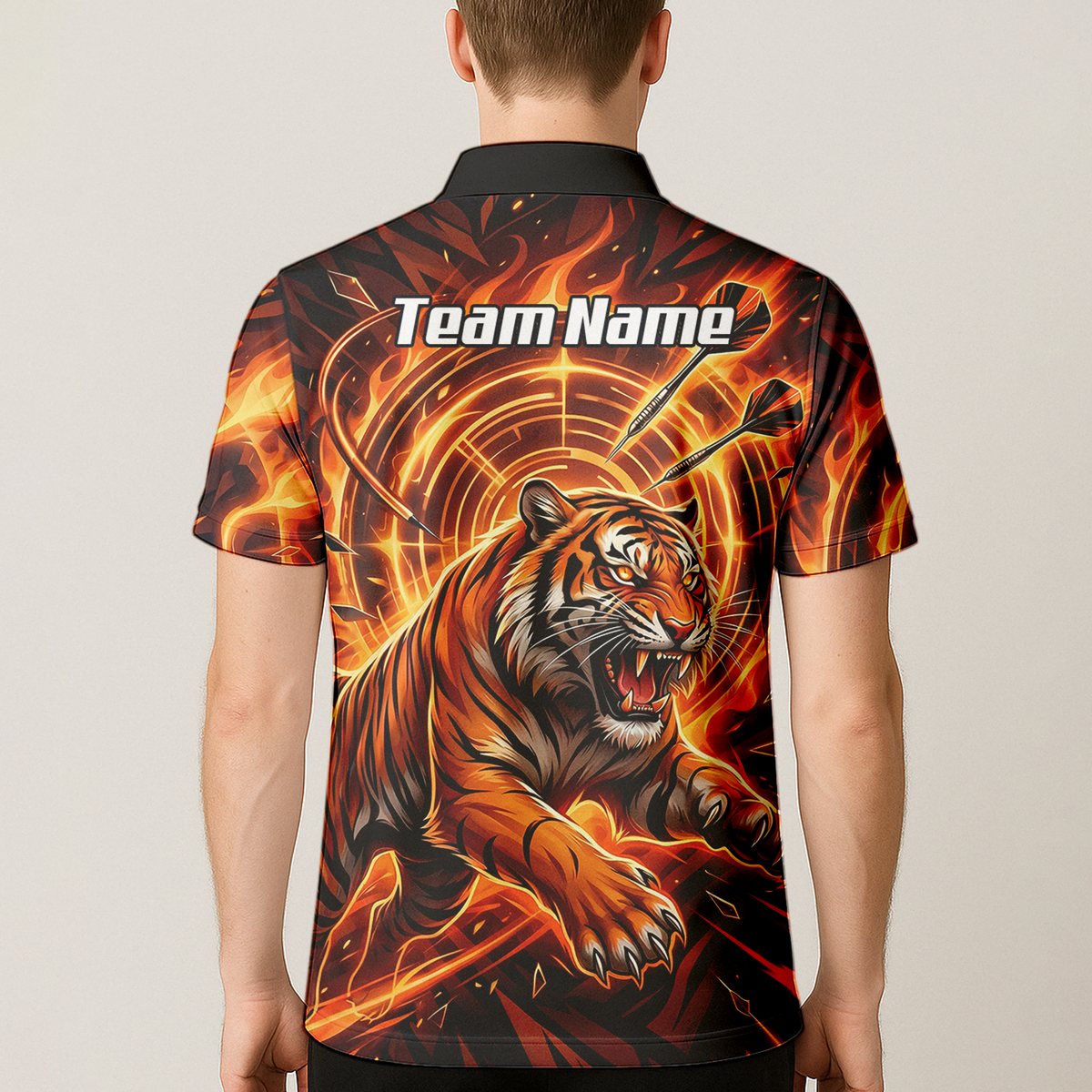 Personalised Men's Tiger Fire Dart Jersey Custom Name Team Polo Shirt Orange Black L1425