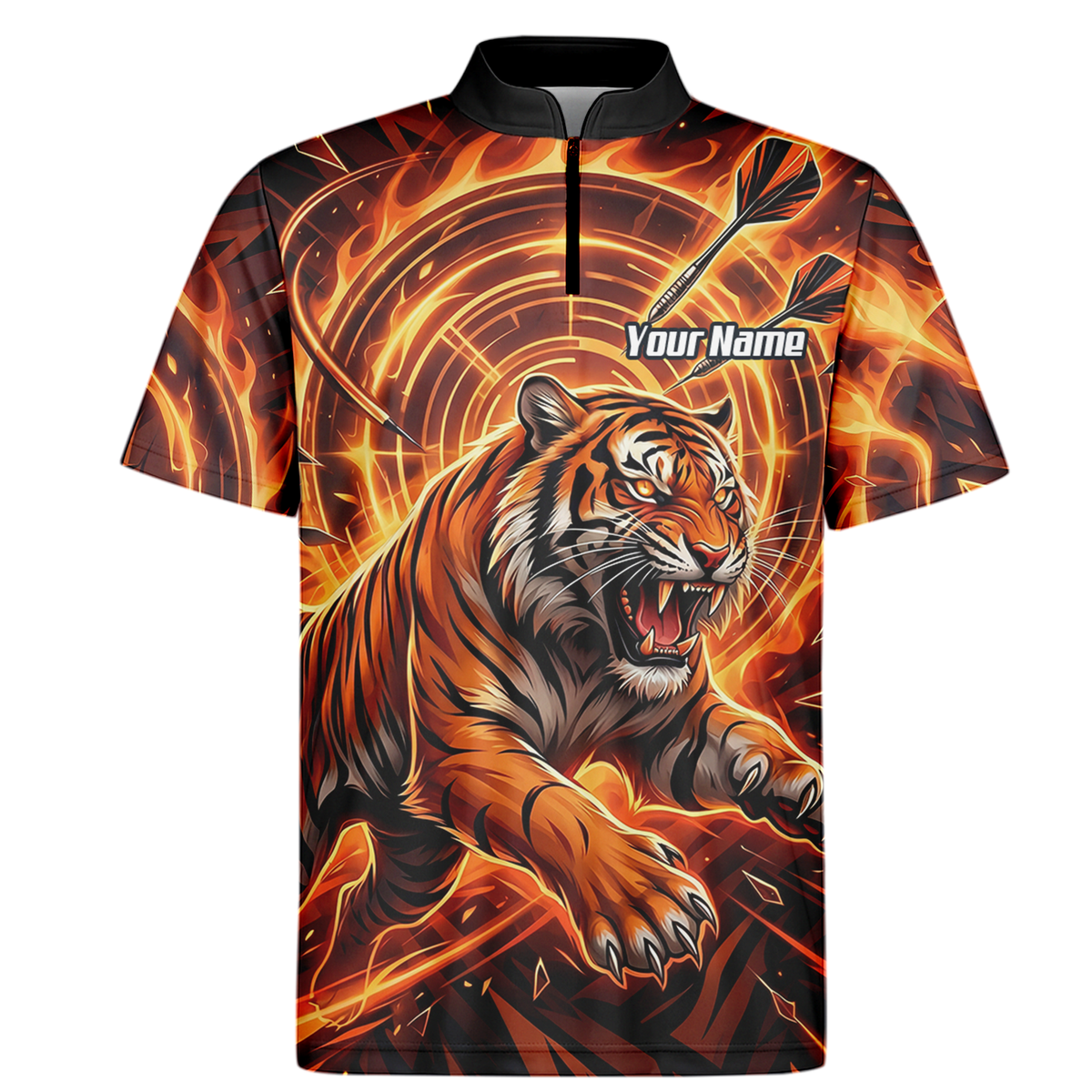 Personalised Men's Tiger Fire Dart Jersey Custom Name Team Polo Shirt Orange Black L1425
