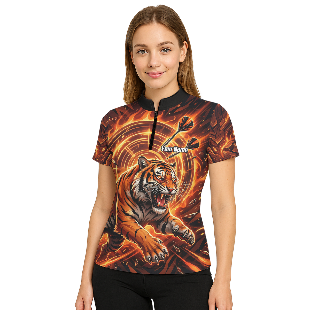 Personalised Women's Tiger Fire Dart Jersey Custom Name Team Polo Shirt Orange Black L1425