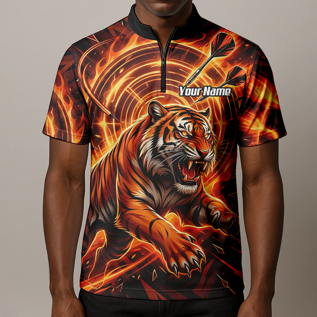 Personalised Men's Tiger Fire Dart Jersey Custom Name Team Polo Shirt Orange Black L1425