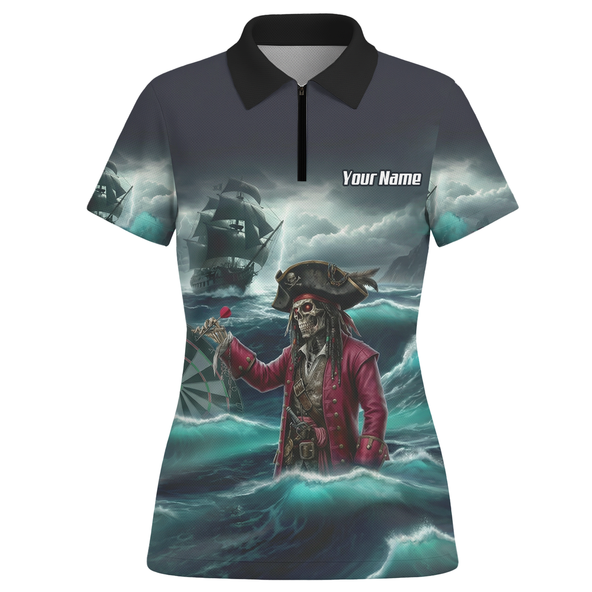 Personalised Pirate Skeleton Dart Jersey Polo and Zipper For Women Custom Ghost Ship Blue Black L3926 - Polo -w Zipper Yes