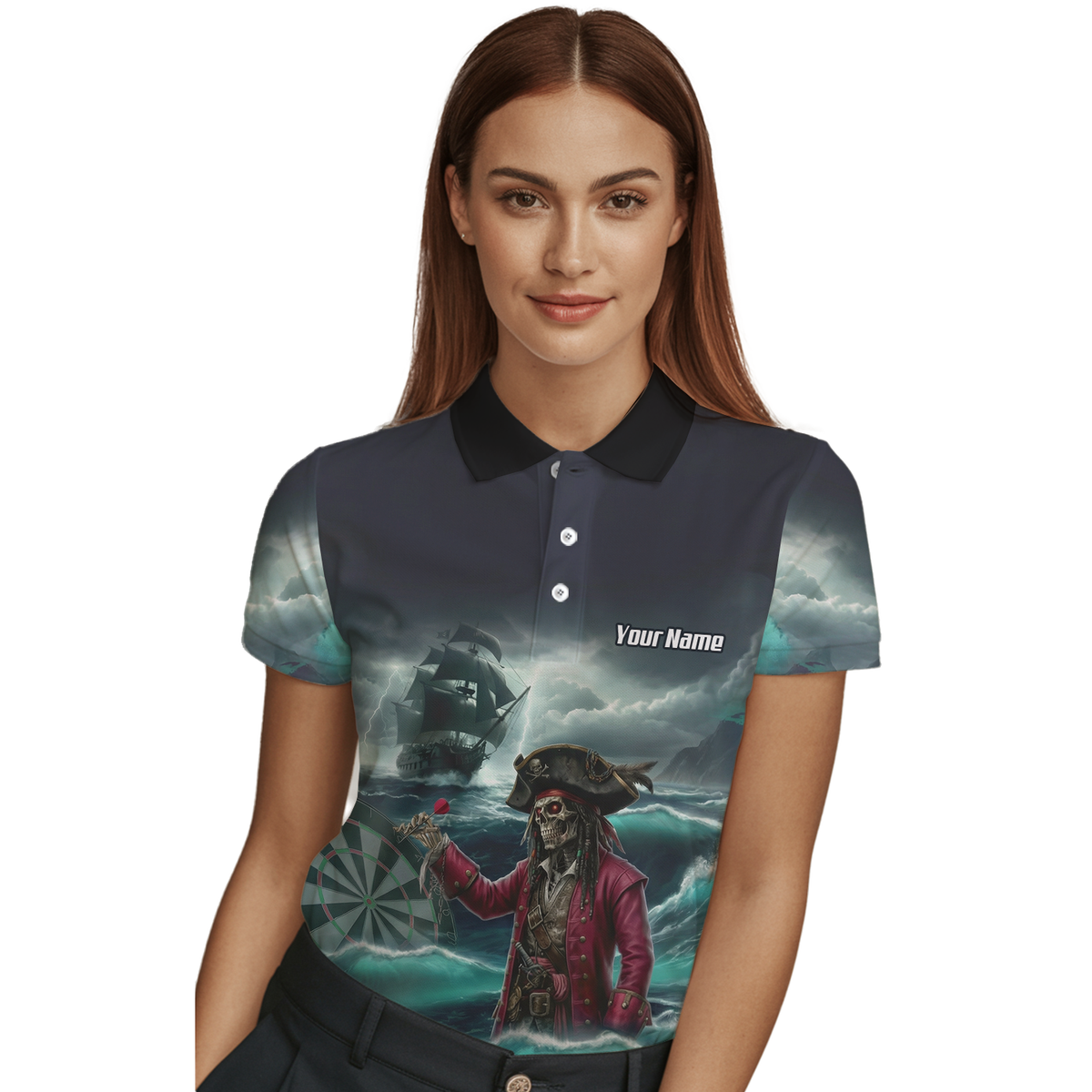 Personalised Pirate Skeleton Dart Jersey Polo and Zipper For Women Custom Ghost Ship Blue Black L3926