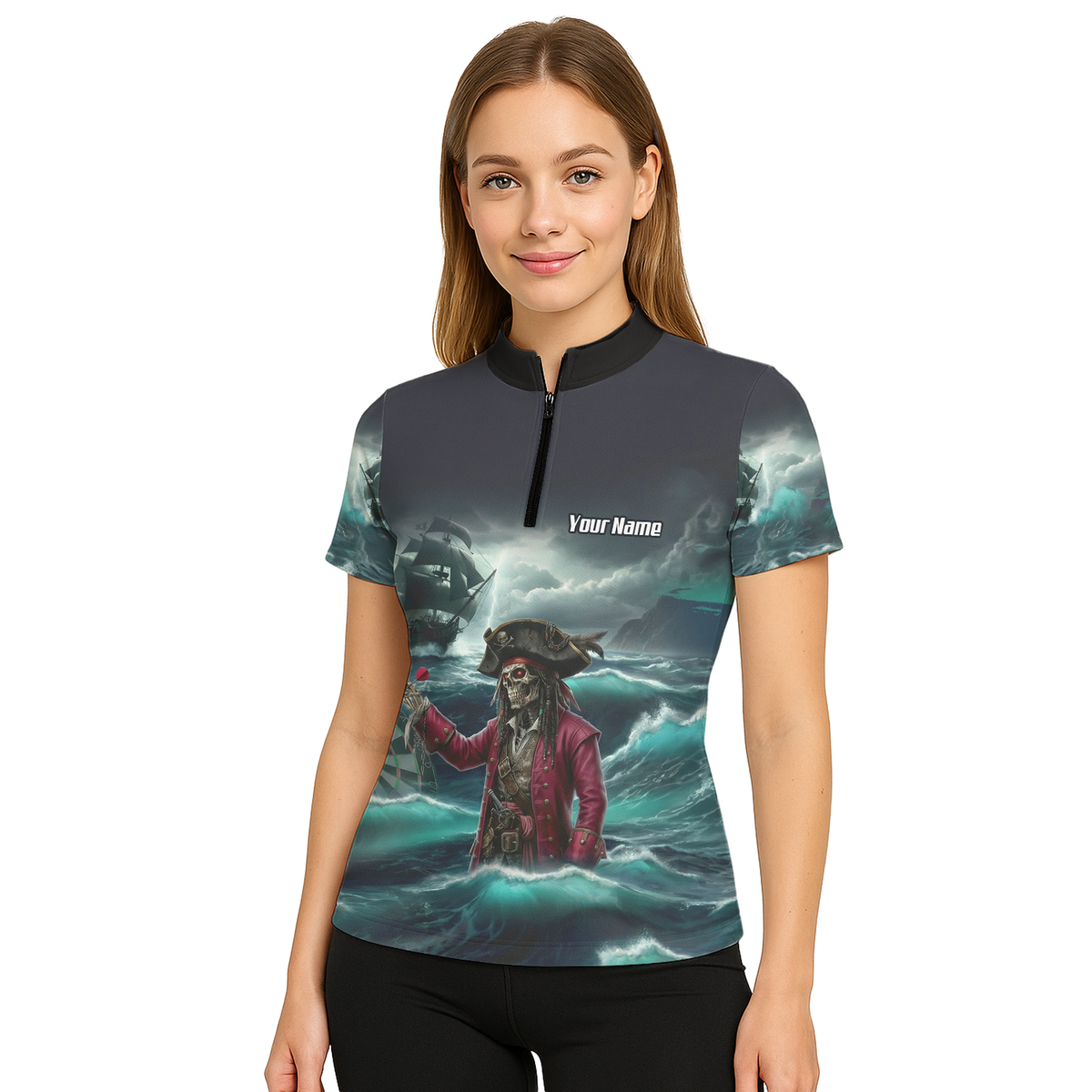 Personalised Pirate Skeleton Dart Jersey Polo and Zipper For Women Custom Ghost Ship Blue Black L3926