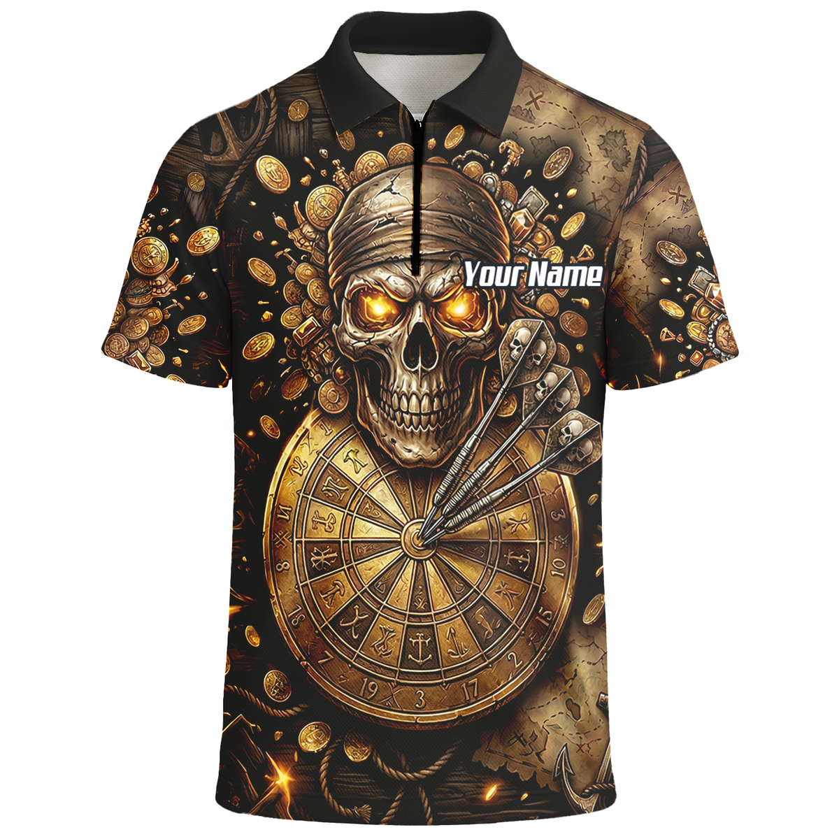 Personalised Pirate Skull Dart Jersey for Men Custom Gold Treasure Dart Shirt Polo L4232