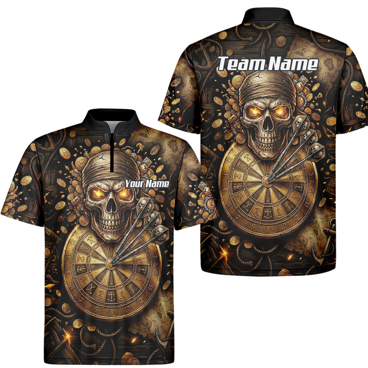 Personalised Pirate Skull Dart Jersey for Men Custom Gold Treasure Dart Shirt Polo L4232