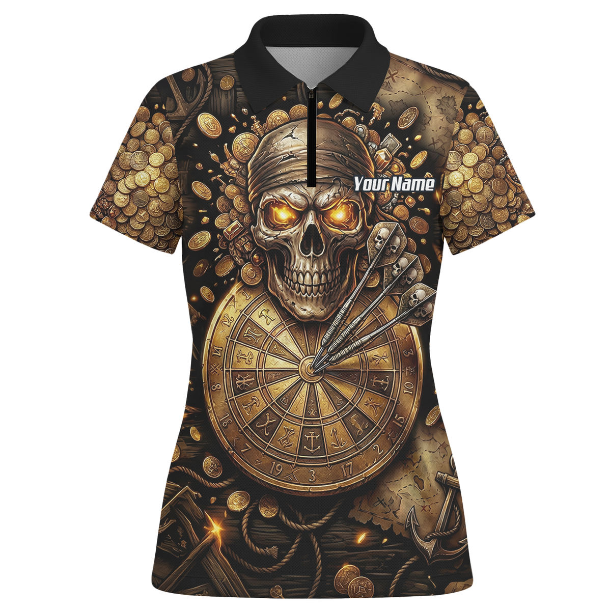 Personalised Pirate Skull Dart Jersey for Women Custom Gold Treasure Dart Shirt Polo L4232