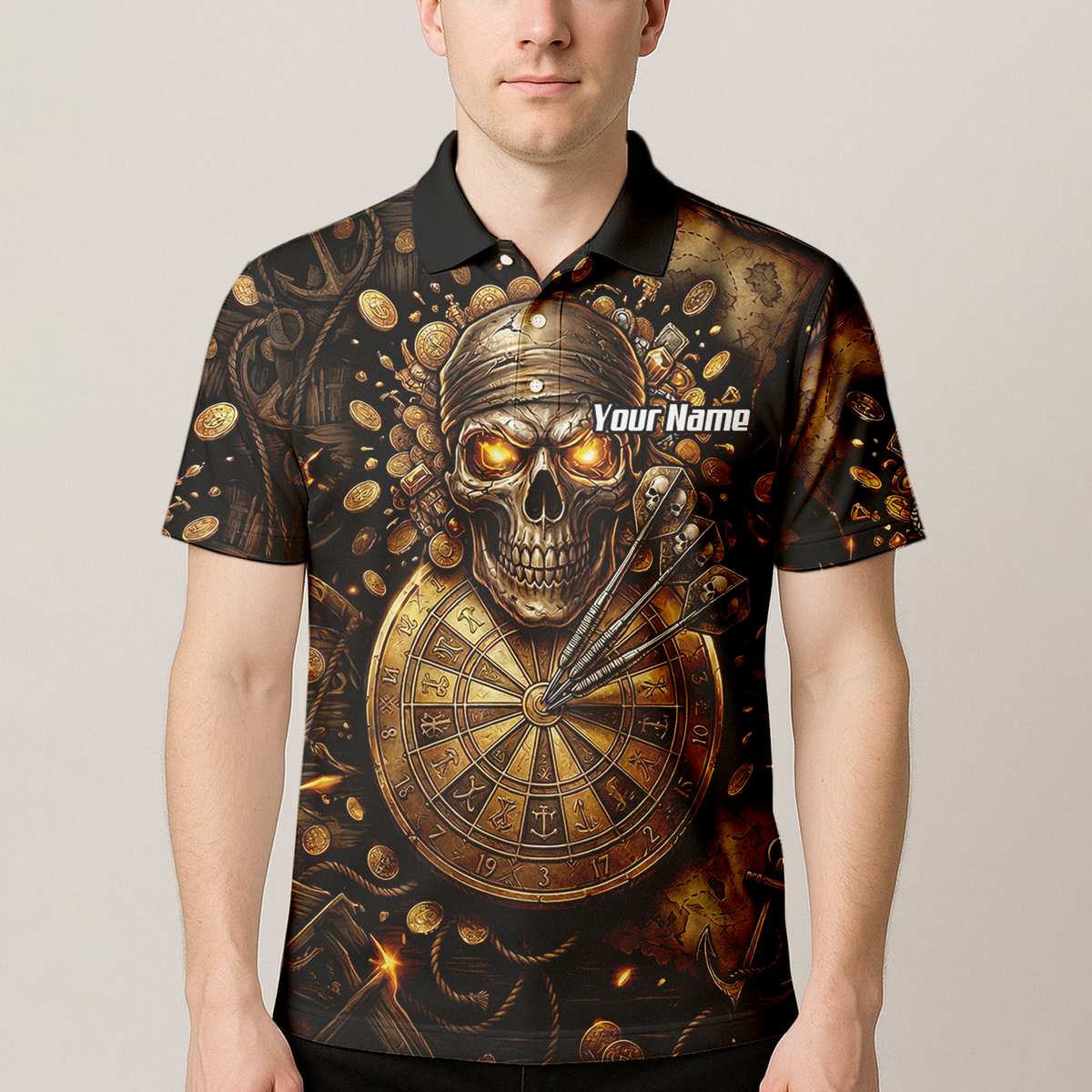 Personalised Pirate Skull Dart Jersey for Men Custom Gold Treasure Dart Shirt Polo L4232